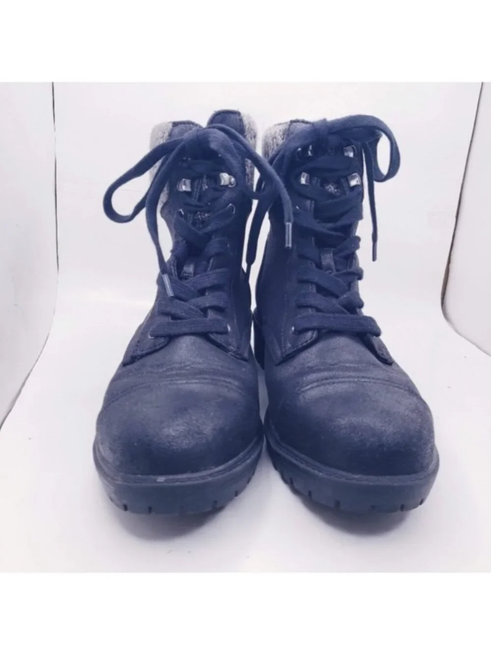 Universal Thread Black Faux Leather Lace Up Boots Knit Sock Trim Womens Size 9.5